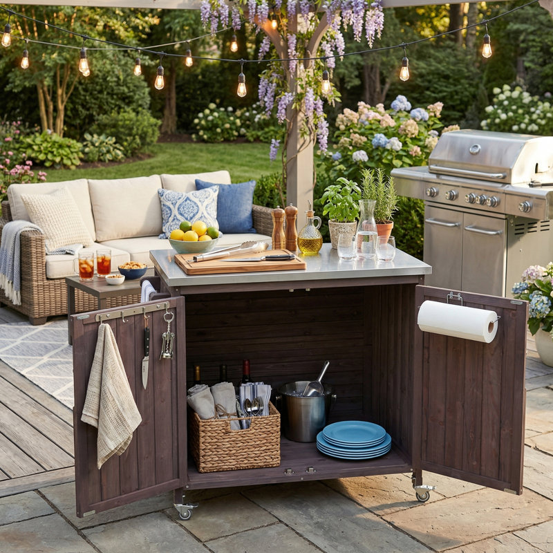 Table de rangement extérieure mobile avec plusieurs fonctions de rangement, Brun