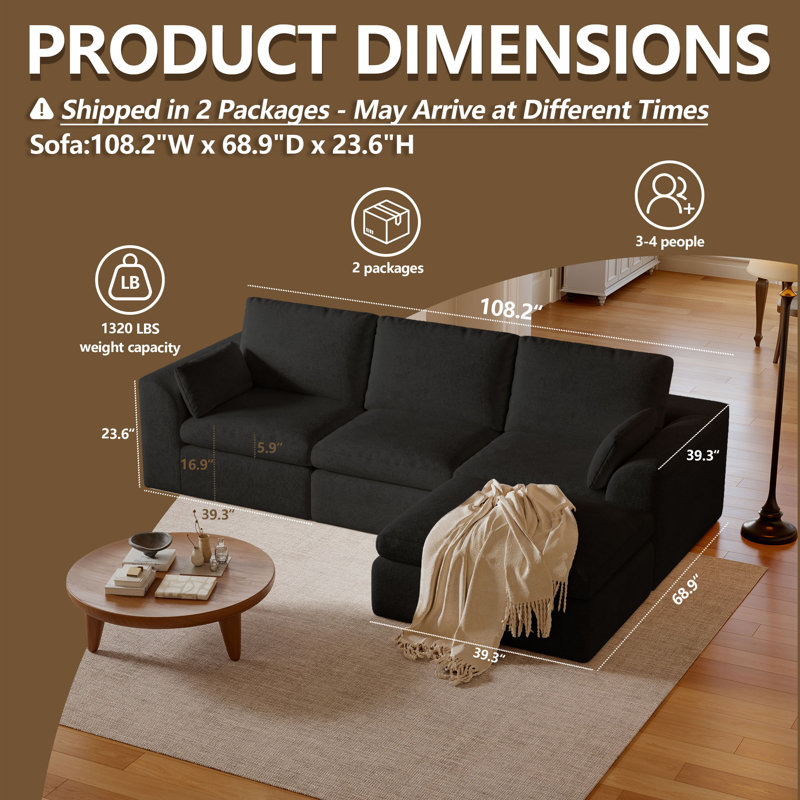Boneless 108” Modern Modular Sectional Cloud Couch With Ottoman L-shape Deep Seat Upholstered Sofa Convertible Corduroy Couch For Living Room Bedroom Apartment Lounge, No Assembly Required