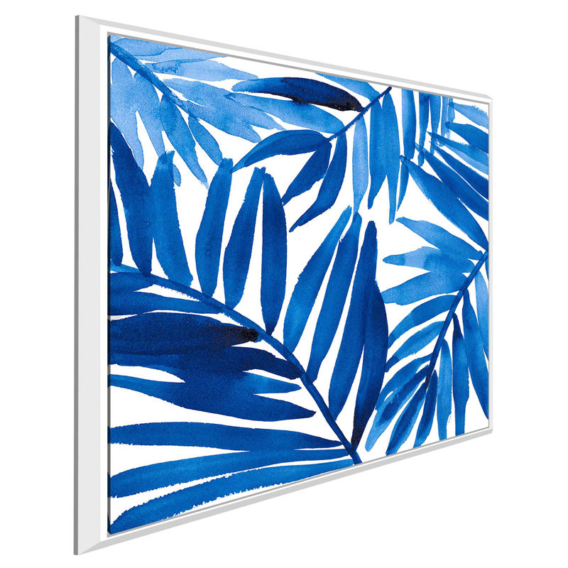 «Blue Palm Design I», reproduction de peinture à l'aquarelle, H 21,5 po x l 21,5 po x P 2 po, Cadre flottant blanc