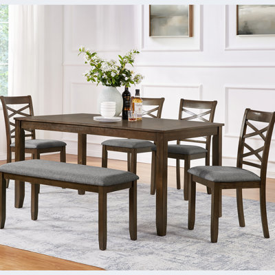 Table de salle à manger rectangulaire moderne en noyer 6 avec 4 chaises rembourrées et un banc, surface lisse, capacité de poids élevée, parfaite pour les réunions de famille Tissu élégant antidérapant de 6 pieds, grand salon