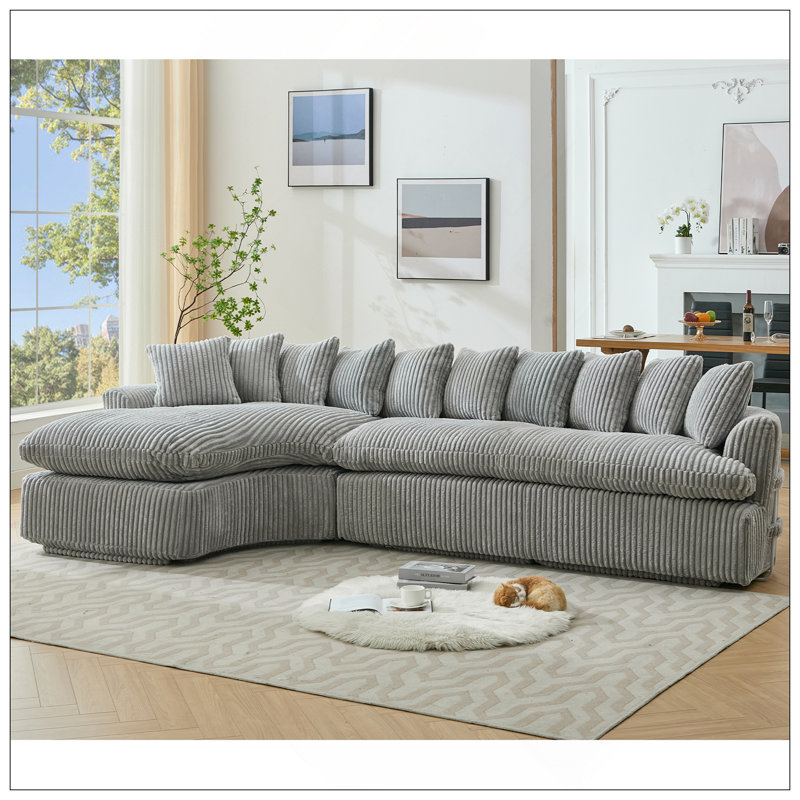 Grand canapé modulaire de 127 po, conception courbée élégante, mousse à haute résilience, dix coussins de dossier, canapé gauche en forme de L, aucun assemblage requis (tissu velours côtelé gris doux)