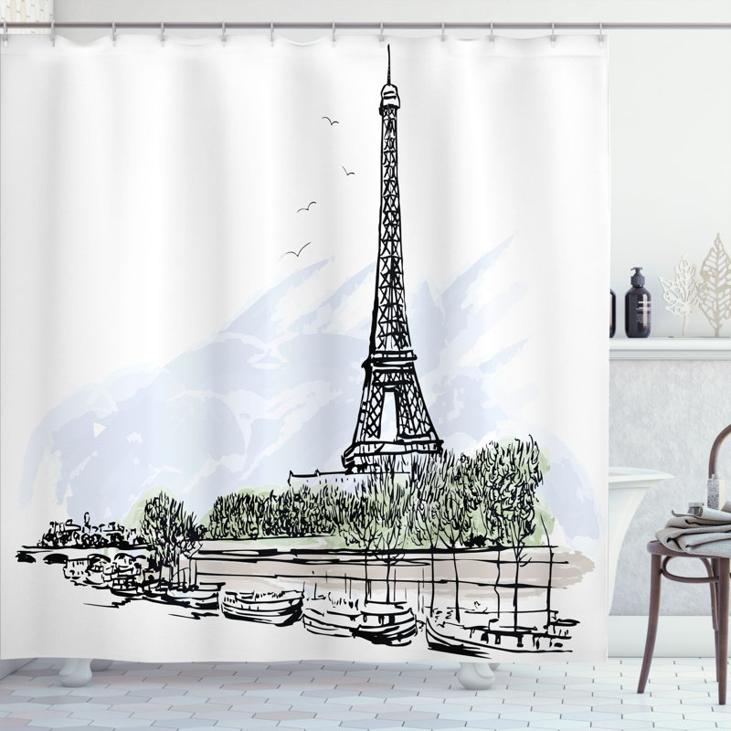 Brinley Paris Architecture Theme Illustration of Eiffel Tower Birds and Trees Pattern Single Shower Curtain, 75" H x 69" W