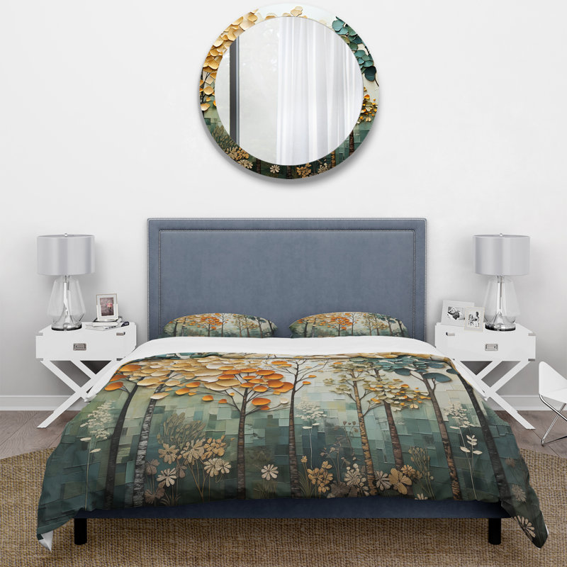 Ensemble de housse de couette Orange Green Trees, Housse de couette pour grand lit et 2 taies décor
