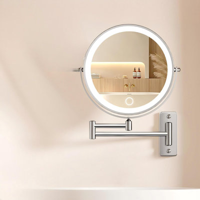 9" Large Wall Mounted Lighted Makeup Mirror, 5000Mah Rechargeable 1X/15X Magnifying Mirror With 3 Color Lights Touch Dimmable, Extended Arm 360° Rotation Bathroom Wall Mounted Makeup Mirror, Nickel