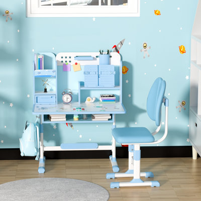 Ensemble de bureau et de chaise pour enfants, bureau à hauteur réglable avec tiroirs de rangement et bibliothèque (bleu)