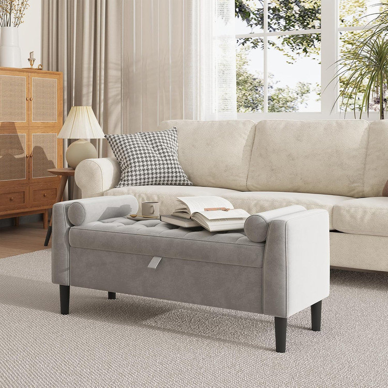 Repose-pieds 46,5 po rembourré avec rangement capitonné pour chambre à coucher, vestibule, salon et garde-robe, Gris