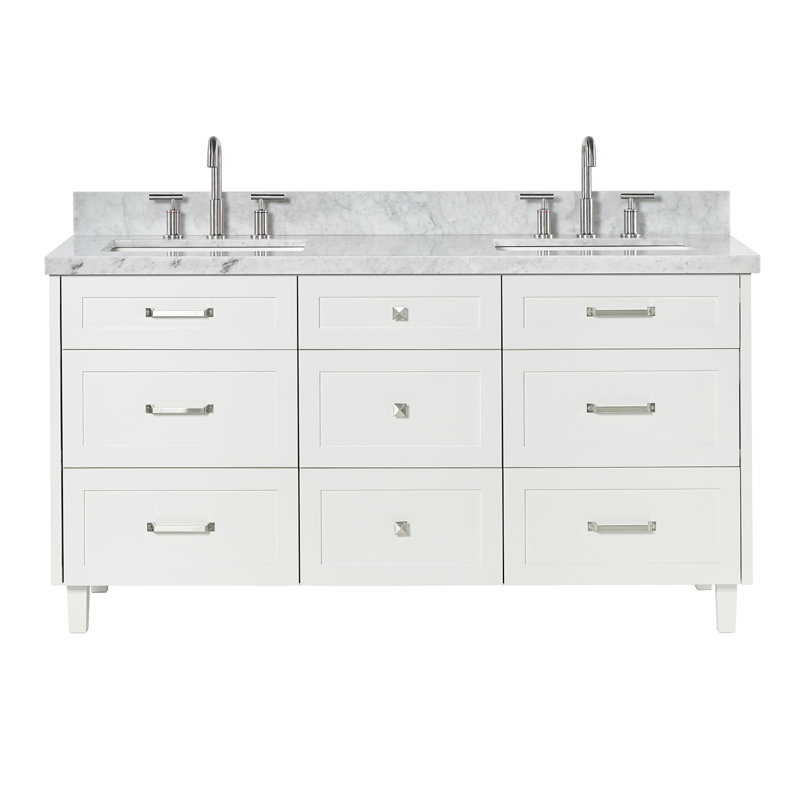 Ariel Monroe 67 Inch Double Rectangular Sink Bathroom Vanity With Italian Carrara Marble Countertop, White