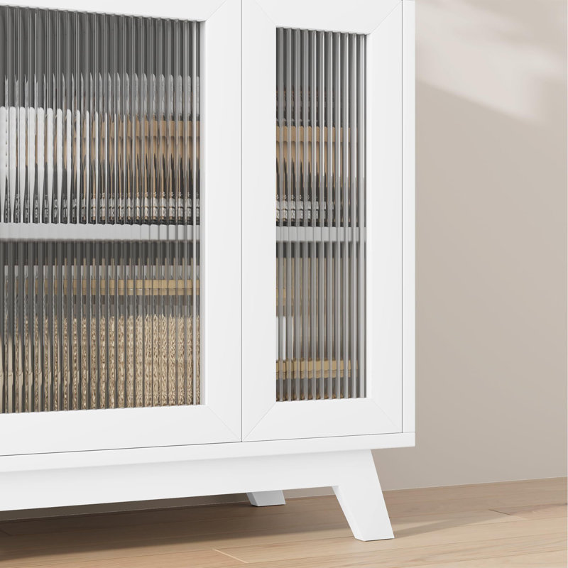 Buffet avec porte en verre cannelé, Blanc / brun