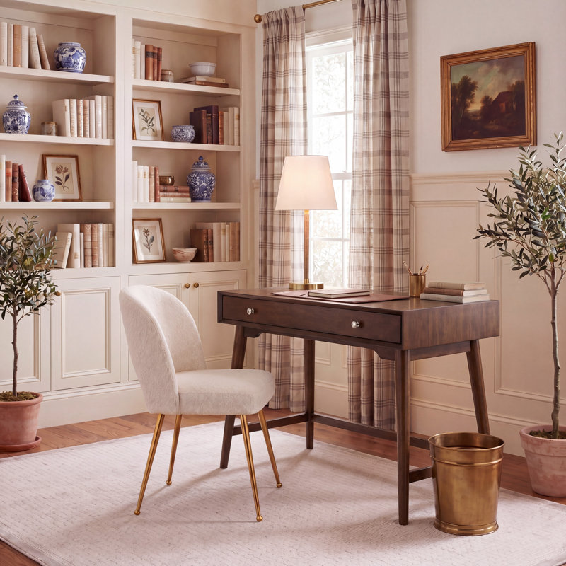 Elegant Dannay Writing Desk –Compact Modern Desk with Drawer, Splayed Legs, Soft-Close Glide Storage, Walnut