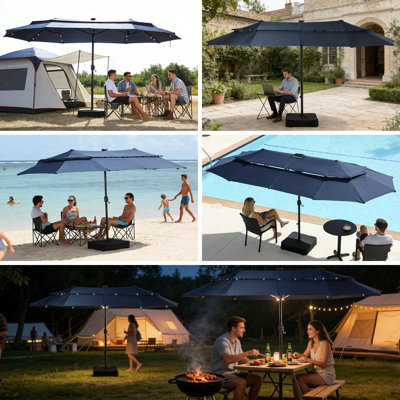 Parasol de patio rectangulaire à double couche 15 pi avec lumières solaires à DEL, manivelle et base, parasol de marché extérieur pour cour, piscine, jardin et terrasse