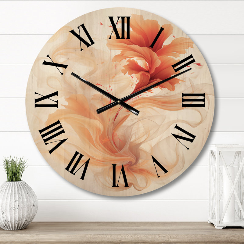 Abstract Liquid Ink Wood Wall Clock - Watercolor Modern Floral In Orange, Medium