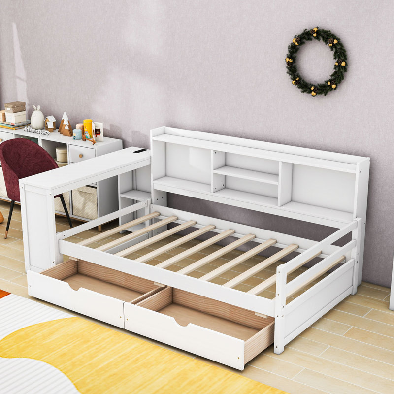 Lit de jour bibliothèque simple avec bureau intégré et tiroirs de rangement, Blanc
