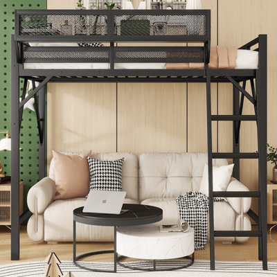 Grand lit mezzanine avec échelle, grand lit mezzanine en métal avec tablettes de rangement, lit mezzanine haut pour enfants adolescents, produits de brevet noir (date d’arrivée prévue 2025/7/20)