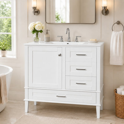 Meuble-lavabo simple de 91 cm (36 po) avec lavabo en céramique, tiroirs et armoire, fermeture amortie, style traditionnel, salle de bain