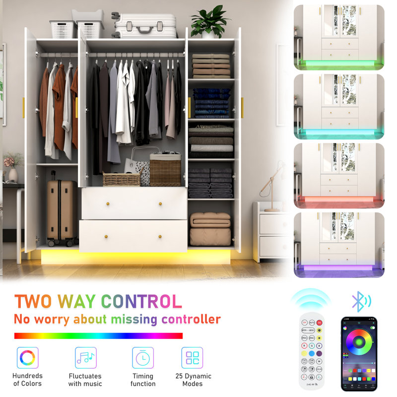White 4-Door Wooden Wardrobe Closet with Mirrors and LED Lights