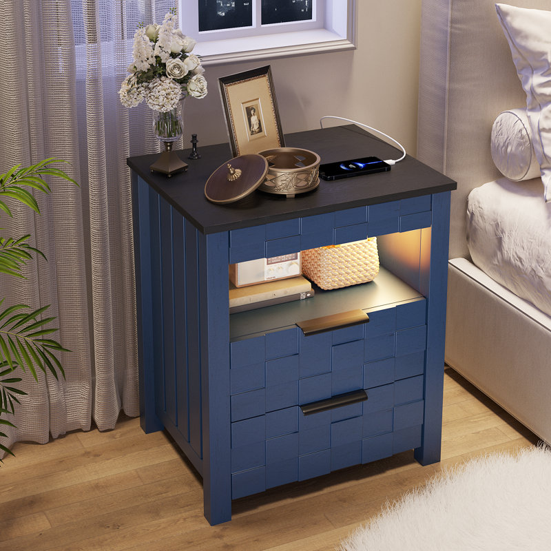Table de chevet 2 tiroirs l 17,7 po avec lumière, Bleu / Noir