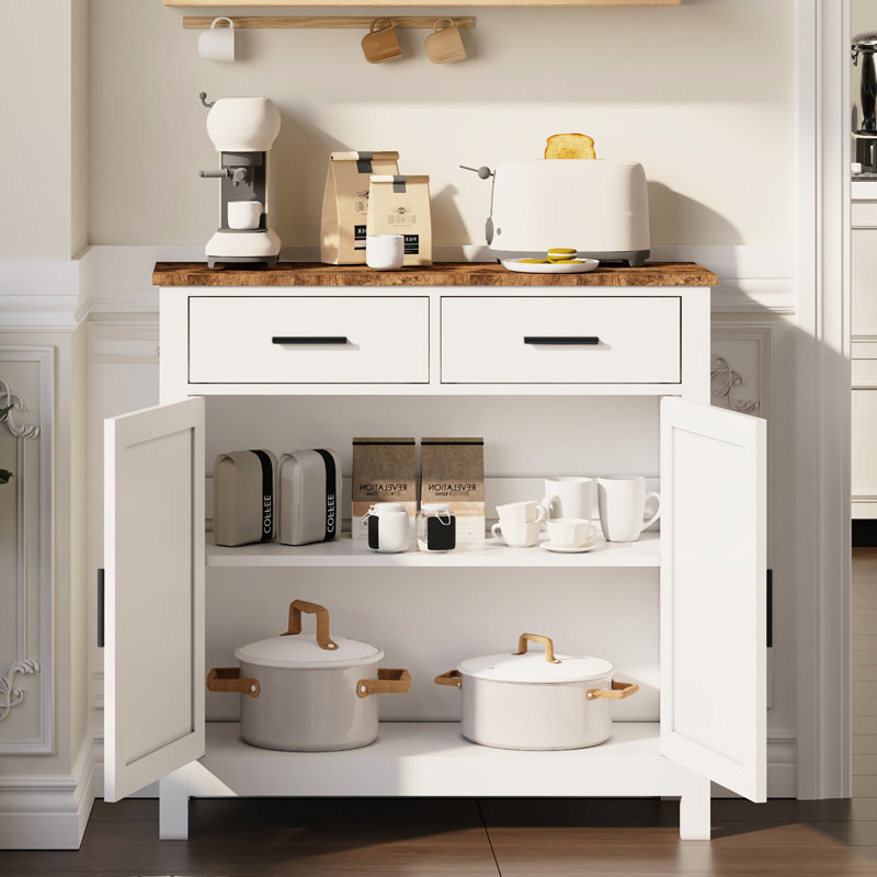 Kitchen Storage Cabinet In White Modern - 2 Drawers And Doors Buffet Sideboard For Living Room, Dining Bathroom Accommodates Seasoner Sundries Room With Coffee Maker