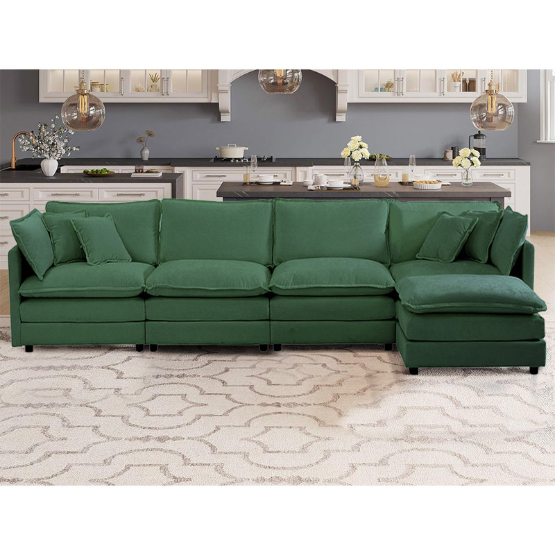 Harut 146.5" L-Shaped Modular Sectional Sofa With Movable Ottomans, Dark Green Chenille