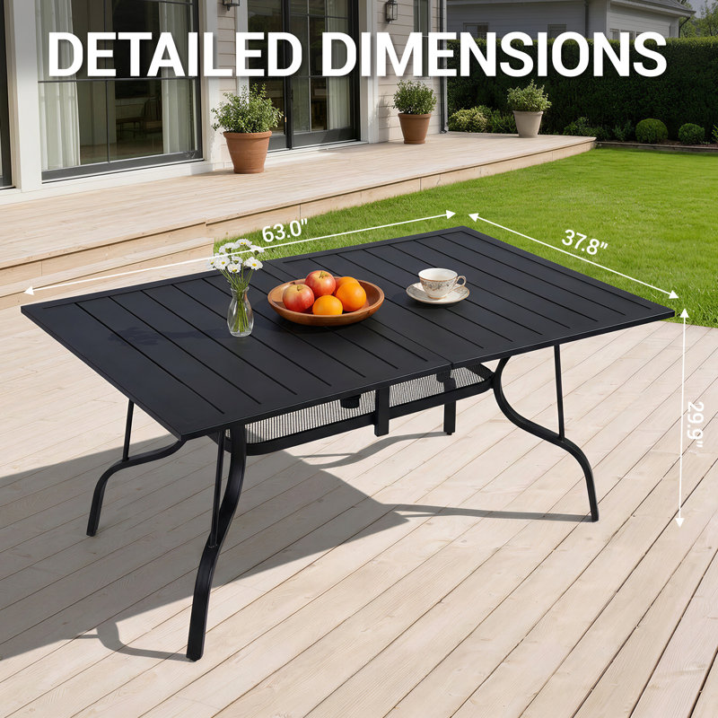 Table de salle à manger d'extérieur 63 po x 38 po pour 6 personnes, table de patio rectangulaire en métal avec trou de parasol réglable pour le jardin, la cour et le porche, noir