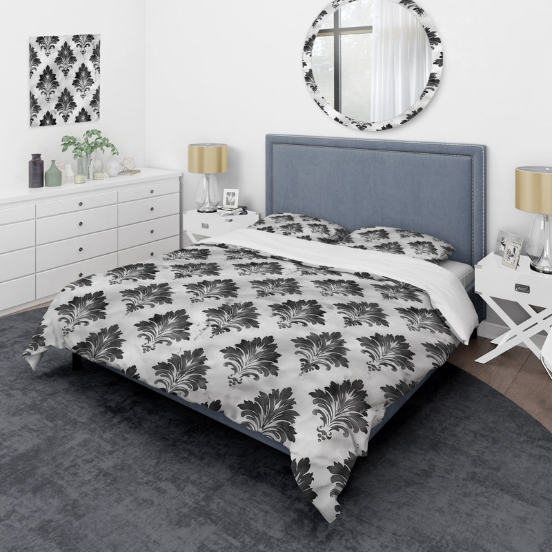 Ensemble de housse de couette transitionnel noir et blanc damassé Glamour V