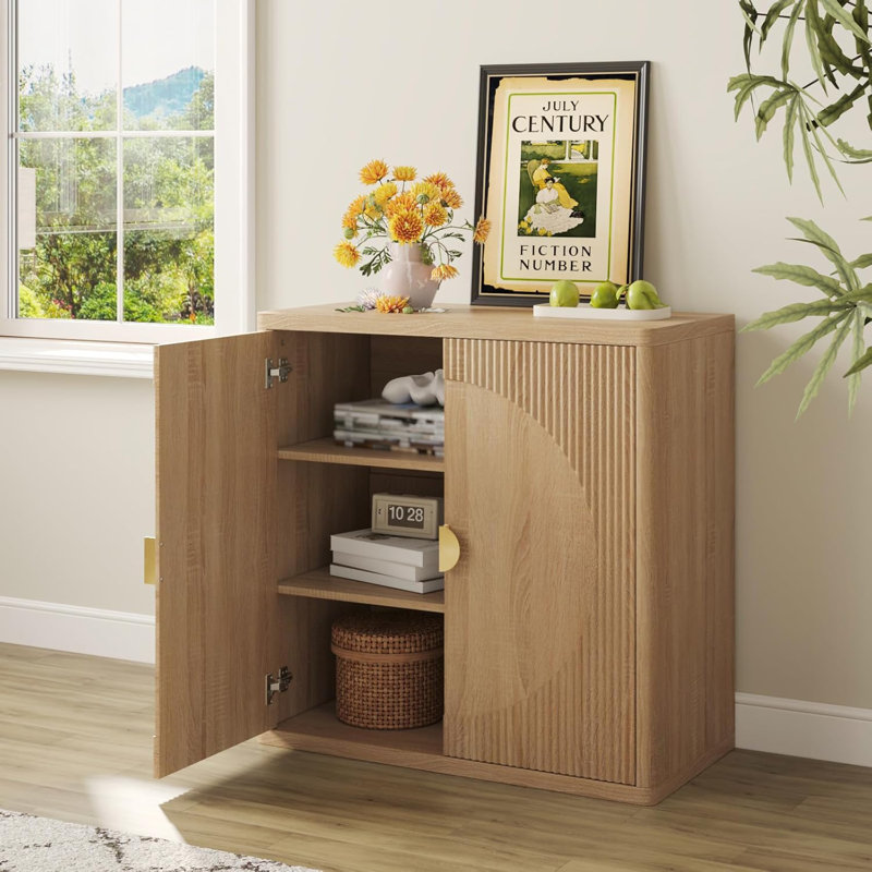 31.5" Fluted Sideboard Cabinet With Storage,Wooden Buffet Cabinet With Two Buffer Doors And Three Adjustable Shelves,Suitable For Dining Room,Kitchen And Living Room