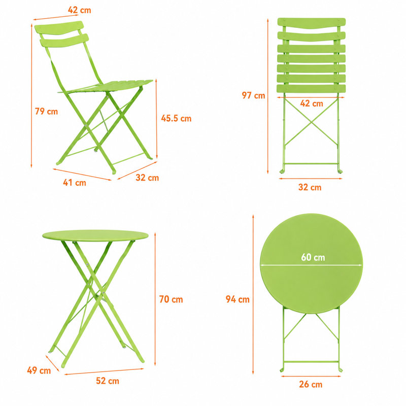 No-Assembly Folding Patio Bistro Set for 2, 3-Piece Steel Table & 2 Chairs - Space-Saving - Powder-Coated Mark & Rust-Resistant - Solid Steel Top - Balcony/Porch/Garden