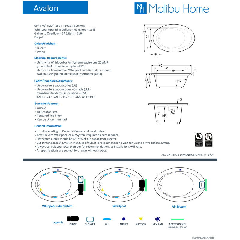 Avalon 60" x 40" Drop In Soaking Acrylic Bathtub, White