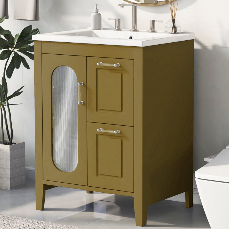 Meuble-lavabo simple 24 po avec comptoir en céramique 24 po, Brun