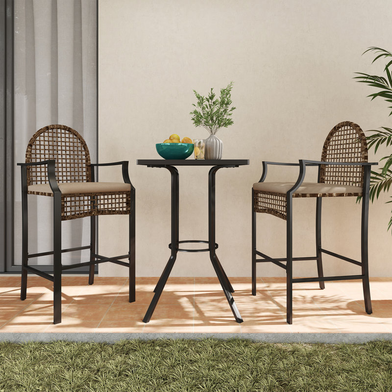 3 - Piece Outdoor Dining Set With Cushions, Patio Pe Wicker Bar Stool And Bistro Bar Table With Metal Frame, Farmhouse Conversation Set For Porch/Yard/Poolside/Cafe