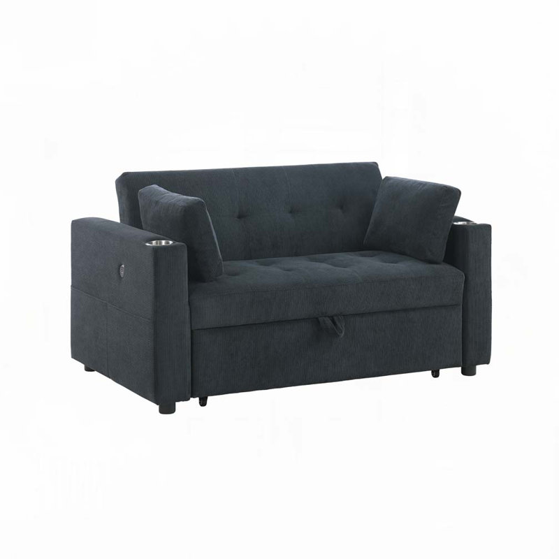 Causeuse convertible en velours côtelé avec porte-gobelets, ports USB, Noir