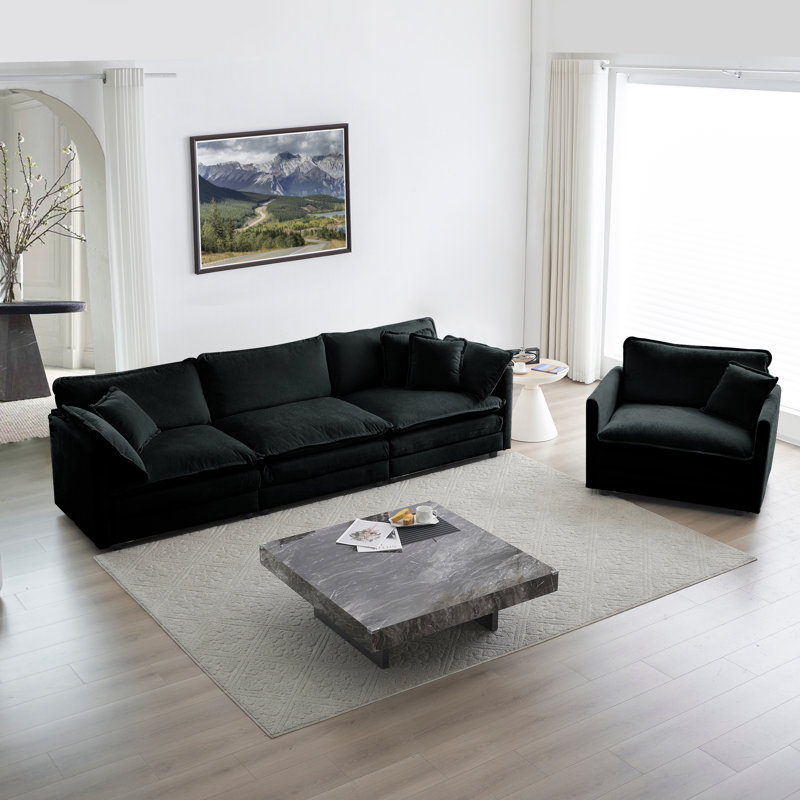  Ensemble de salon, canapé en chenille moderne, pour le salon, Noir, noir, noir, noir