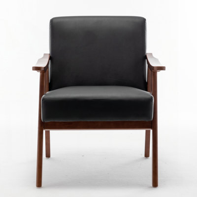Chaise d'appoint avec revêtement en microfibre et structure en bois massif, mobilier de salon classique Mid-Century moderne pour sièges supplémentaires, polyuréthane / PVC noir