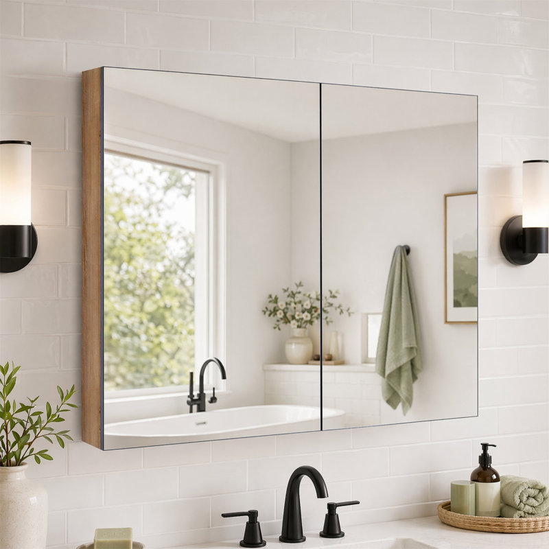 Armoire à miroir murale avec organisateur de bijoux et tablettes réglables - fermeture douce, porte réversible