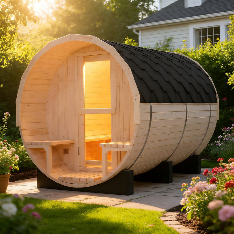 Sansheng® Premium 6-Person Outdoor White Pine Barrel Sauna with Spacious Front Porch, Backyard Wellness Spa (92.5''×70.86''×70.86'')