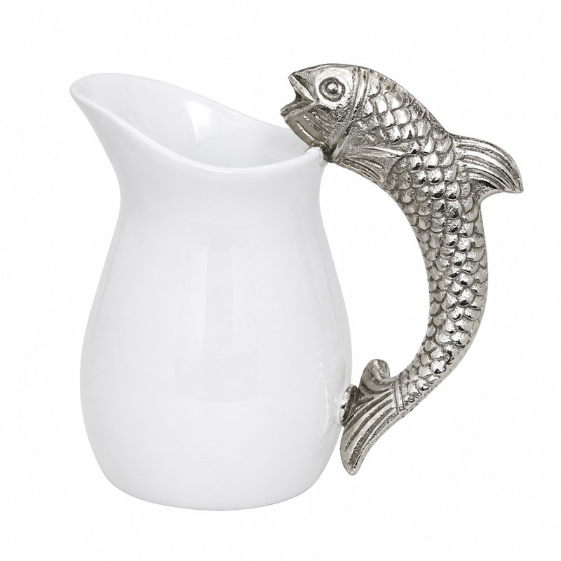 White Ceramic Pitcher with Sculpted Metal Fish Handle, 8.75" H