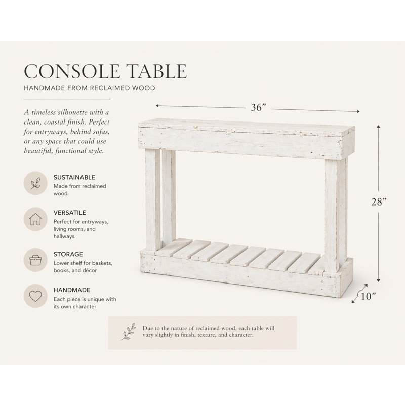 Mercurio 36'' Solid Reclaimed Wood Console Table (White)– Handmade Distressed White Entryway Sofa Table with Shelf, White