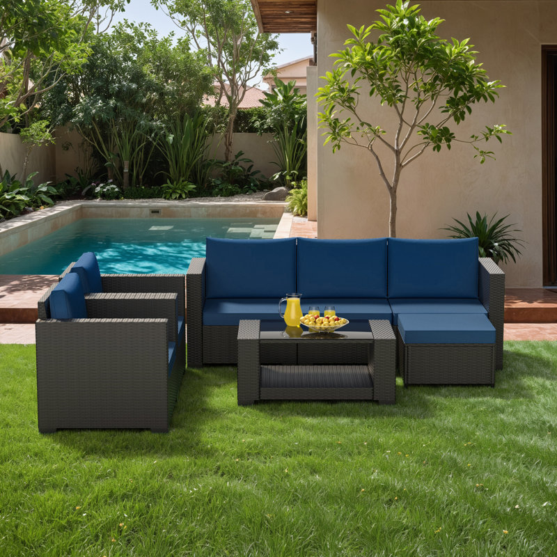 Outdoor Patio Furniture Sets 7 Pieces All-weather Wicker Sectional Conversation Set Rattan Patio Seating Sofa With Cushion, Blue