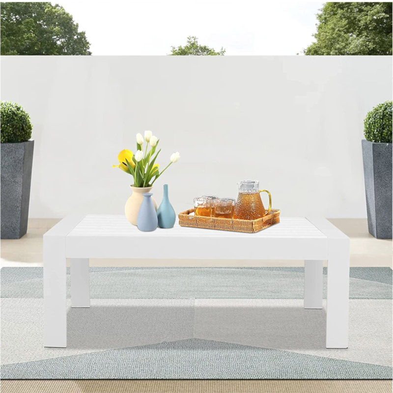 Table basse d'extérieur 43 "en aluminium toutes saisons, table rectangulaire blanche moderne