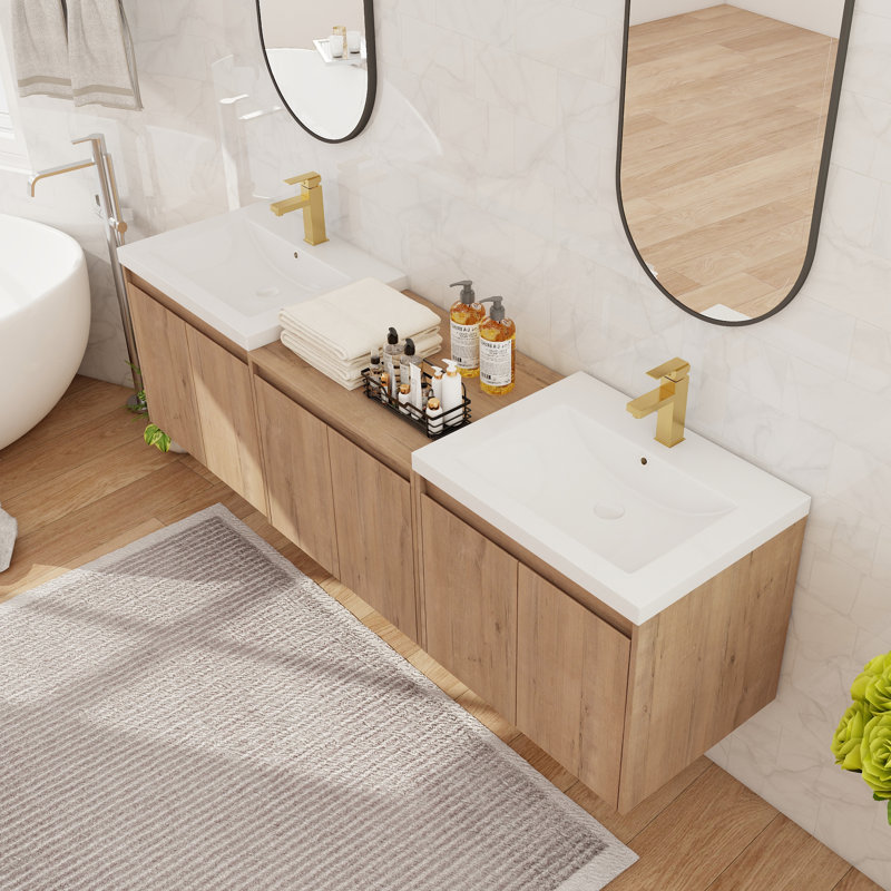 Double meuble-lavabo mural 72 po avec lavabo en résine, meuble-lavabo flottant avec 6 portes et 1 tablette réglable