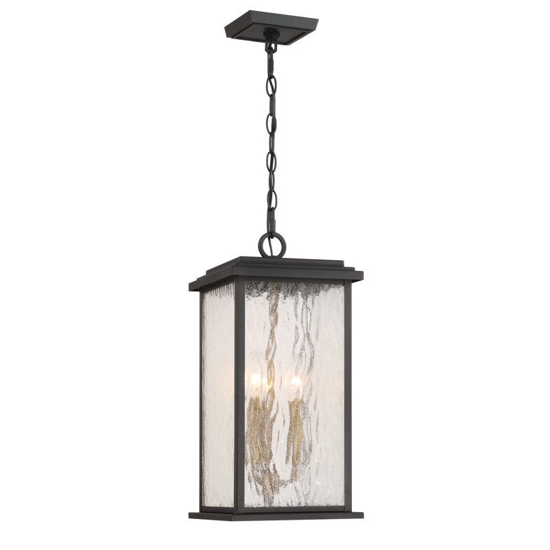 Estate - 3-Light Outdoor Pendant - Black with Brass Accent - Rain Glassware Shade