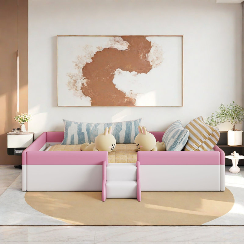Lit pour enfant rembourré avec escalier, Plein, Rose / blanc