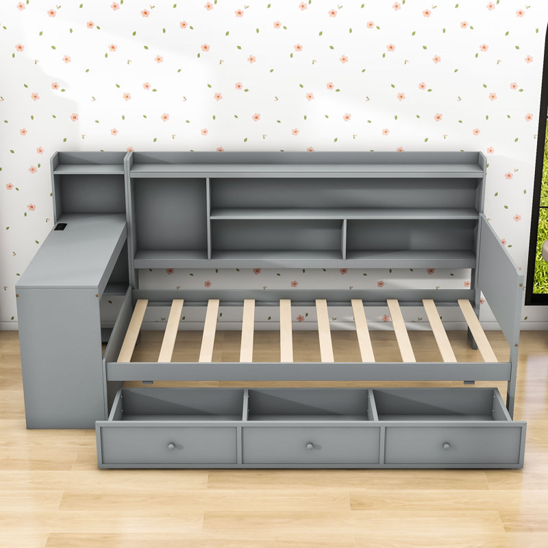 Three Drawers Daybed with USB Ports, Desk and Shelves, Gray, Twin