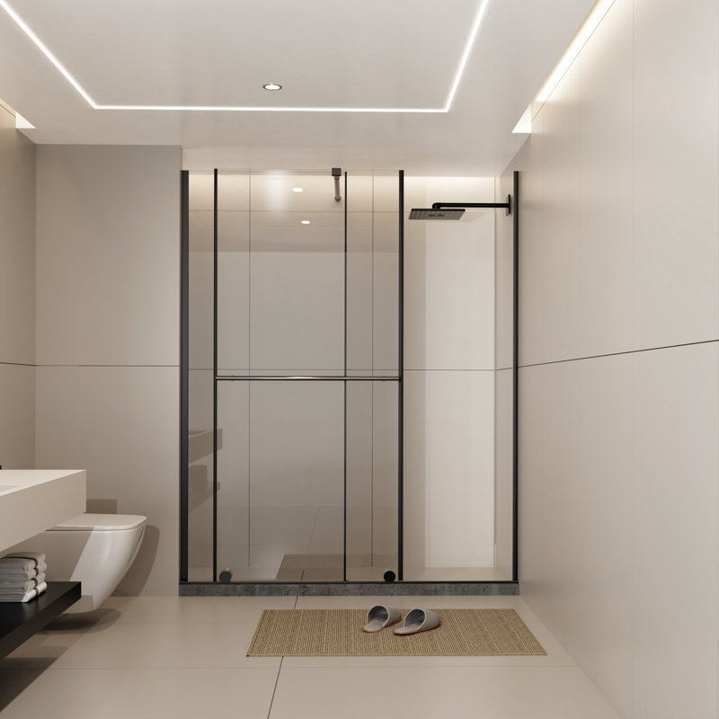 Glass Shower Door 30 - 60 In.W X 72 In.H, 1/4" Thick Tempered Glass, Stainless Steel Handle, Black Supporting Bar, Walk-In Screen, Fashionable And , Leak- Installation Screen Sliding Door, Stable