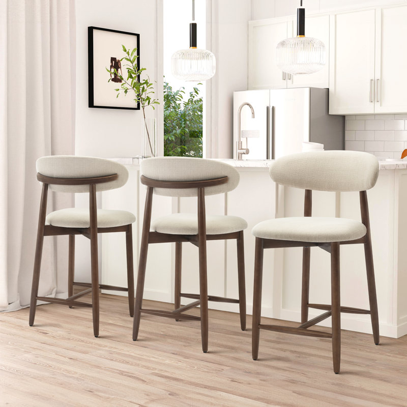 Upholstered Counter Stool with Solid Wood Frame, Beige