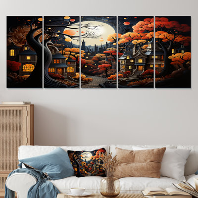 Cozy village in Autumn Moonlit IV - City Art Deco, ensemble de 5 décorations murales