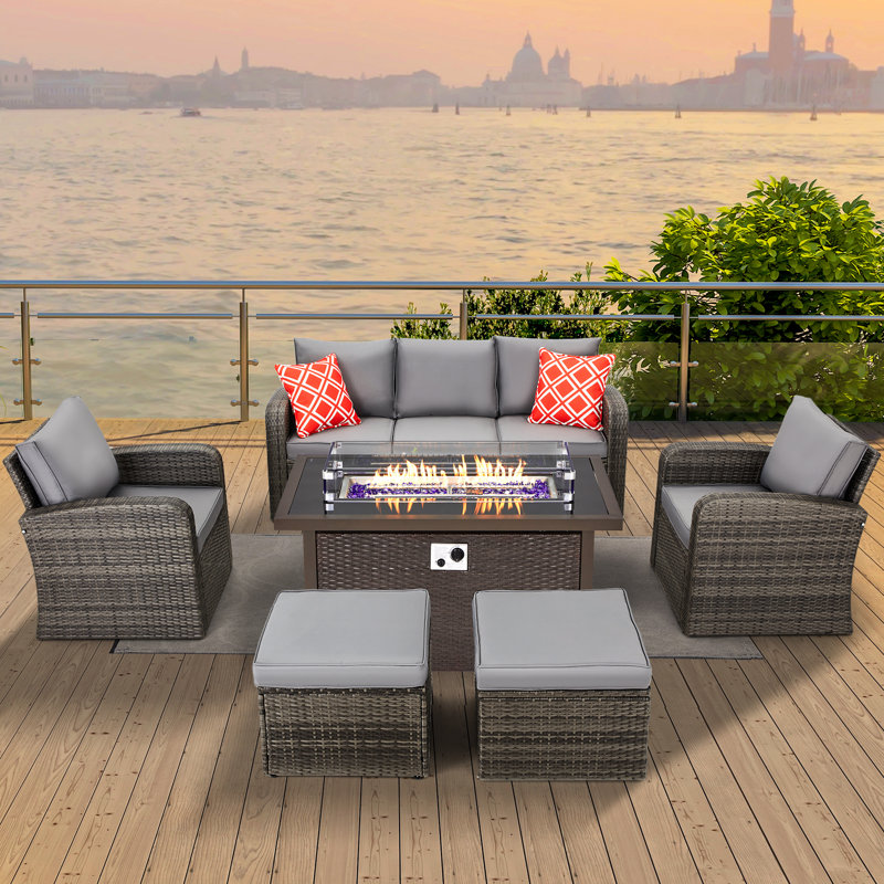 Wicker/Rattan 7 - Person Seating Group with Fire Pit Table, Gray