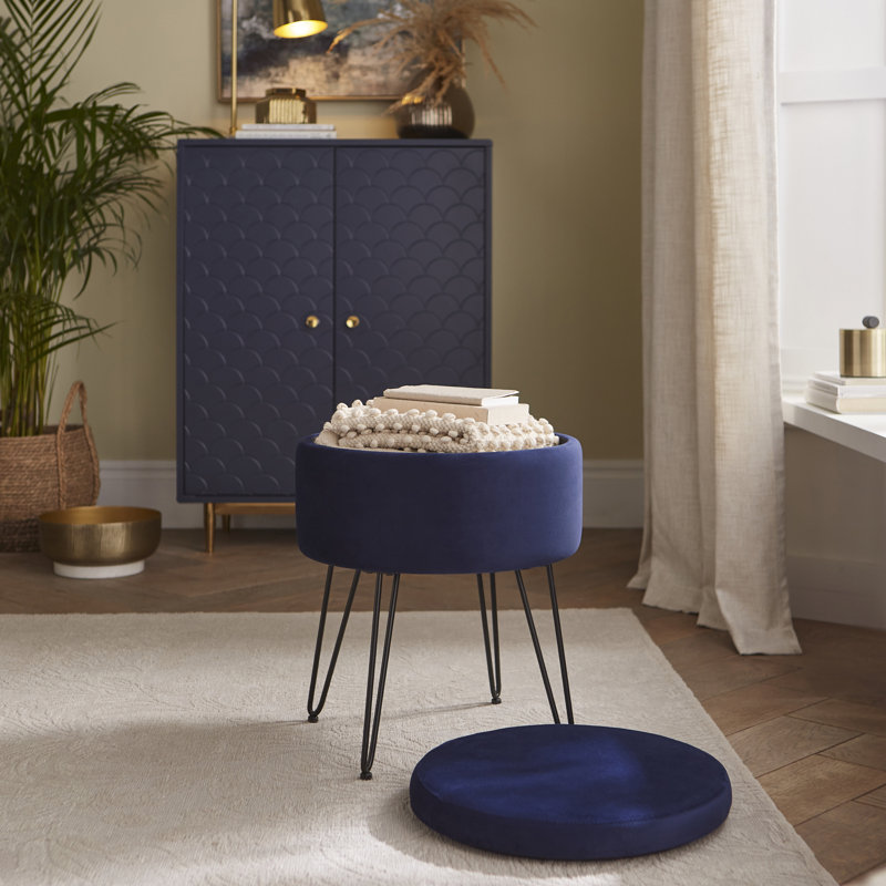 Tamicka 38cm Wide Velvet Round No Pattern Pouffe Ottoman with Storage, Blue