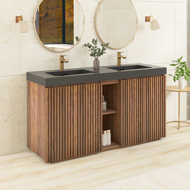 Ensemble de meuble-lavabo autoportant 59,5 po avec comptoir en quartz 59,5 po, Walnut Brown