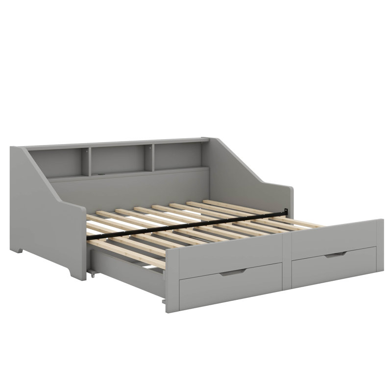 Transformable Daybed Frame Twin To King Size With Sleek Storage Bookcases, Grey