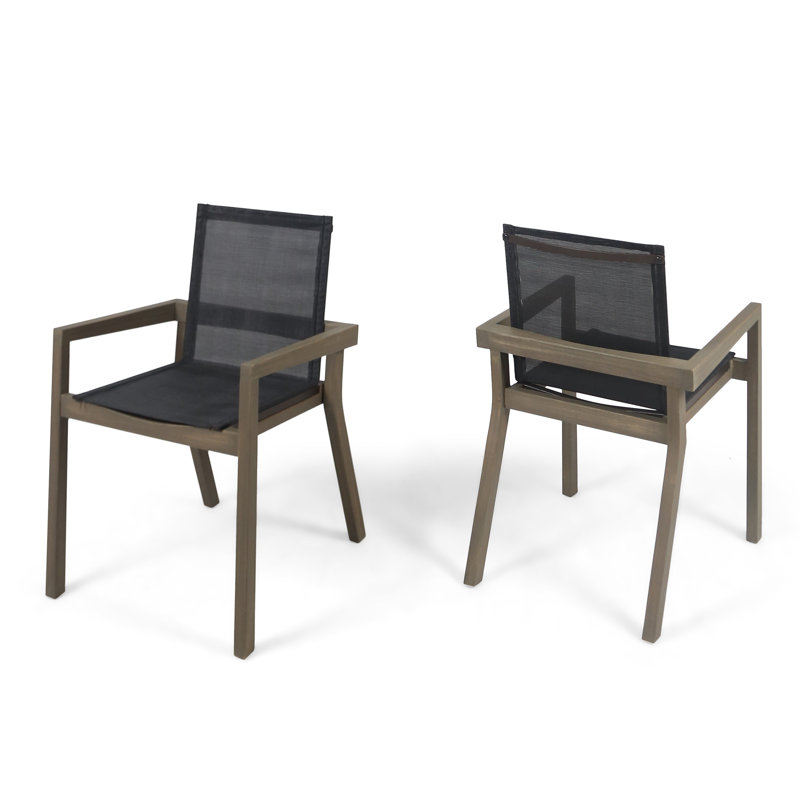 Ensemble de 2 chaises de salle à manger d'appoint, pieds en angle, filet gris, bois d'acacia brun